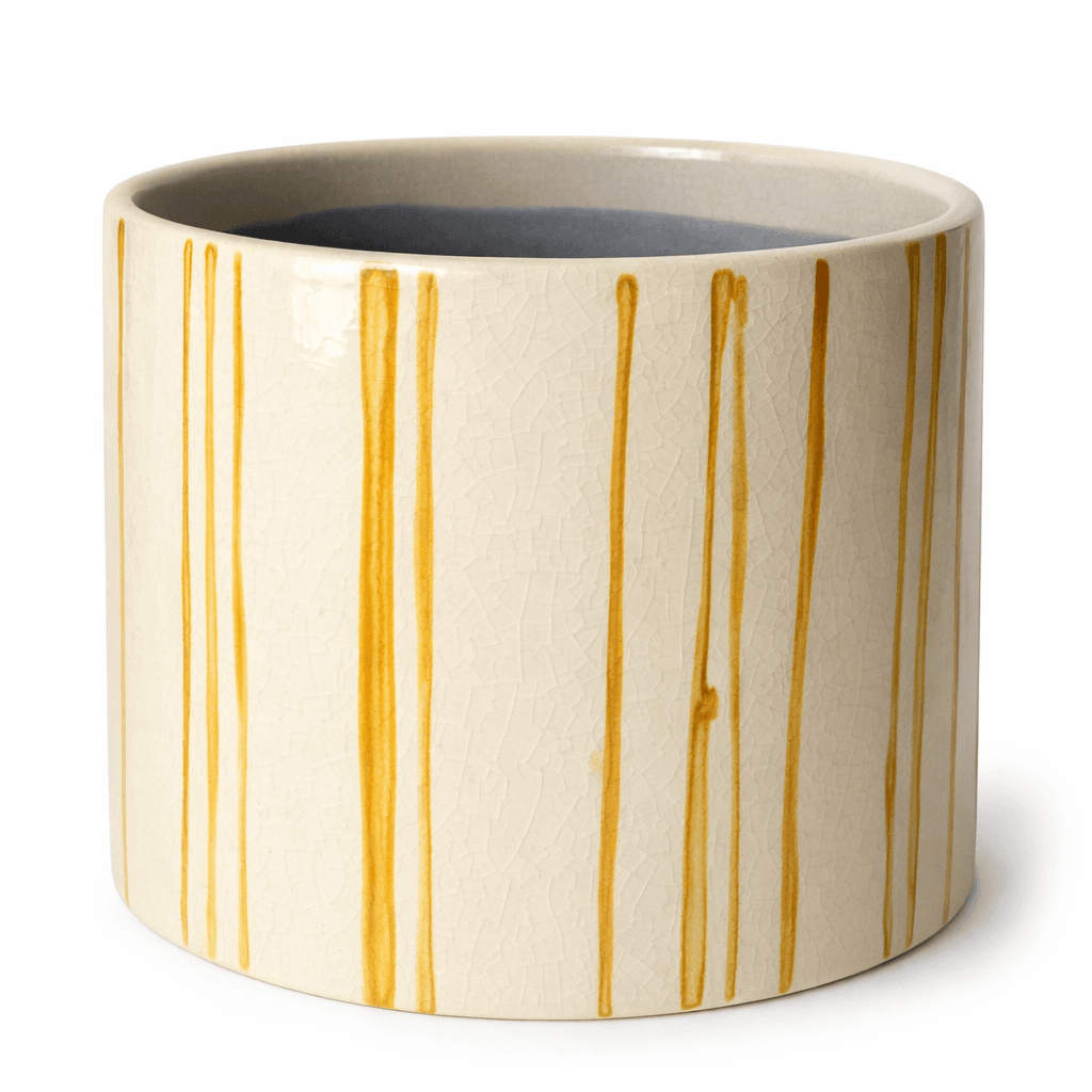 A11088:Ceramic pot cover, yellow/off white lines, 4.5 in