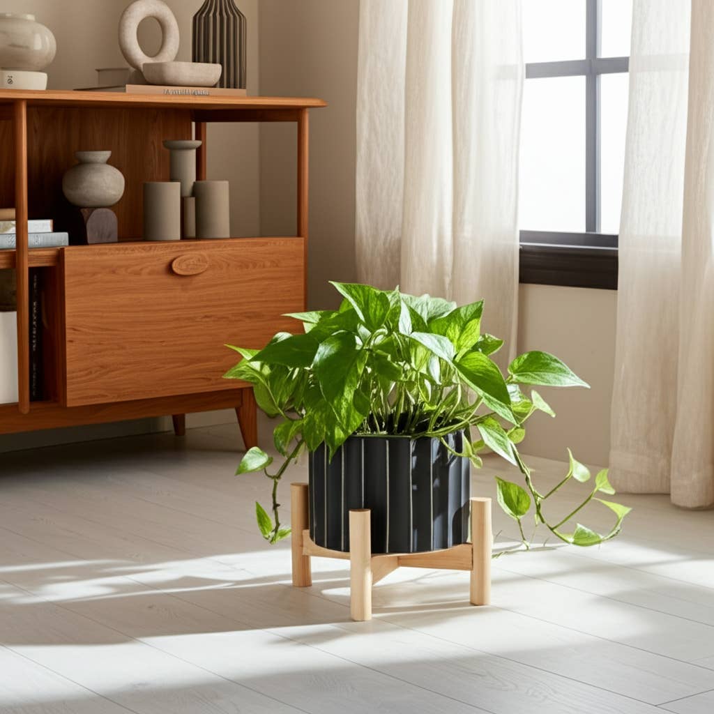 Ceramic Striped Planter Pot with Wood Stand - Black, 6 in.