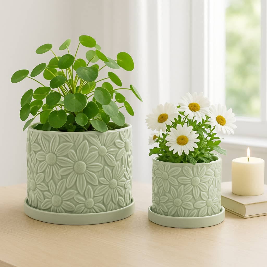 Green 8" Ceramic Daisy Flower Planter