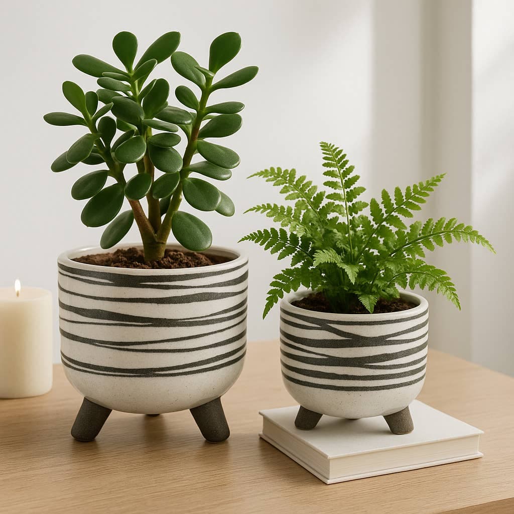 Ceramic Line Footed Round Planter - White 8"