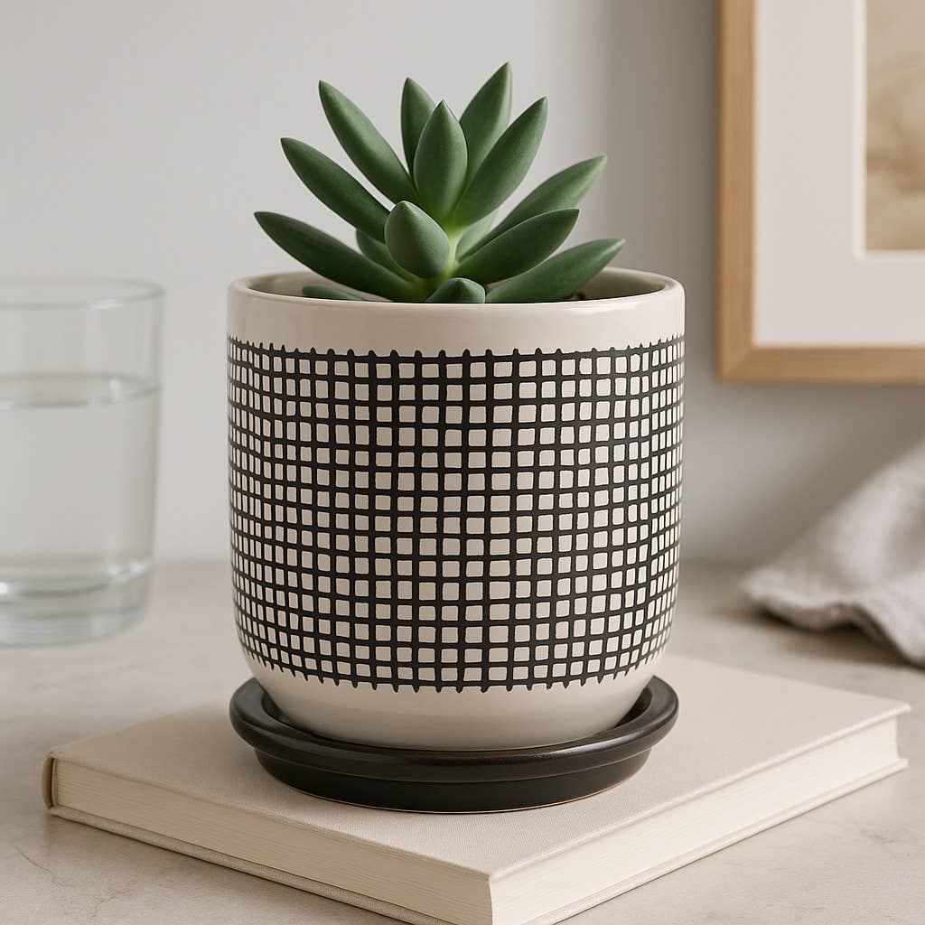 Ceramic Mesh Design Planter Pot with Saucer - Gray, 6 in.