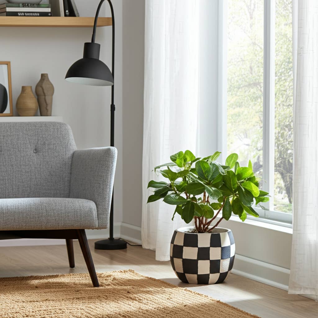 LUX Collection: 8 in. Black Checkerboard Rounded Pottery Planter