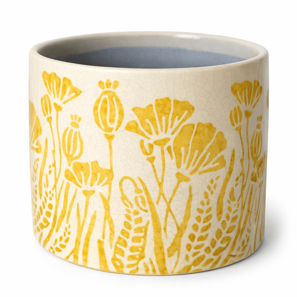 A11092:Floral ptn ceramic pot cvr, yellow/off wht, 4.5in
