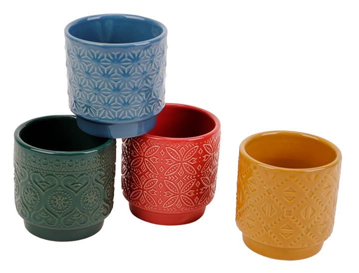 Ceramic Pots with Embossed Design- Red, Yellow, Blue & Green
