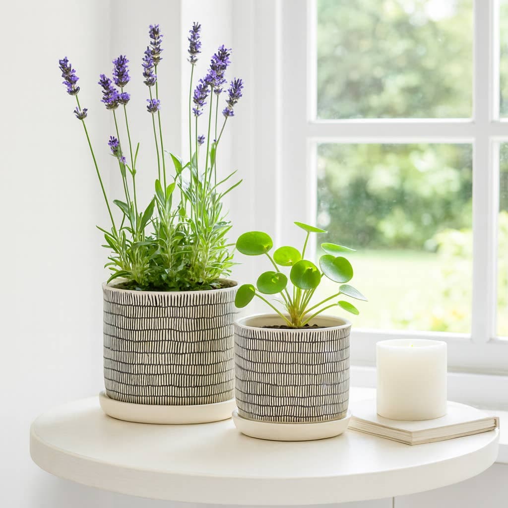 Ceramic Line Saucer Planter Pot - Beige 6"