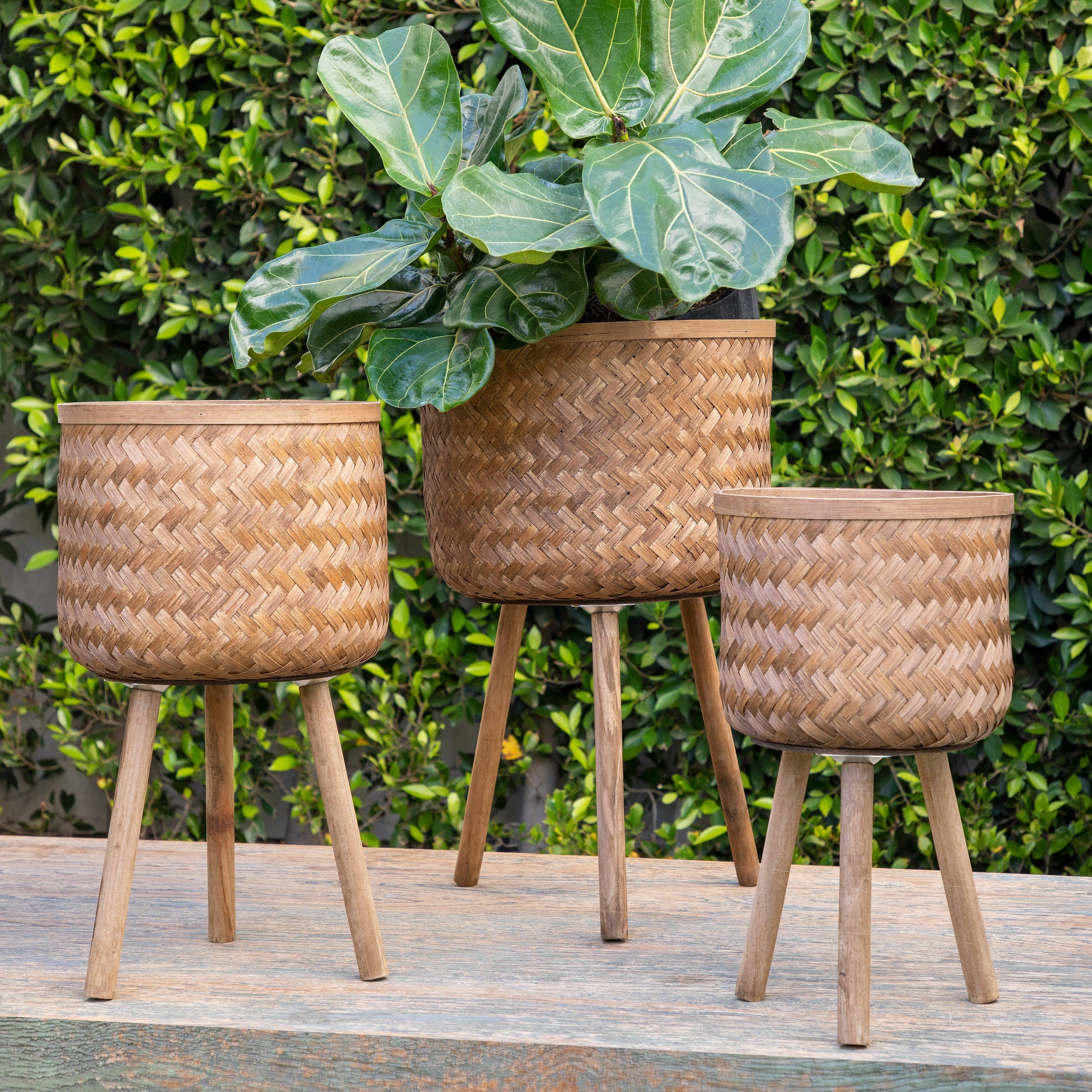 LUX Collection: Wood Wicker Planters Stand - Brown 14.5"